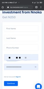 Cowrywise sign-up page