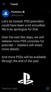 Playstation 5 ps5 preorder announcement on Twitter 